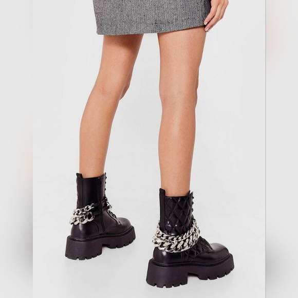 Nasty Gal Black Faux Leather Chunky Gothic Chain Lace-Up Boots - Picture 8 of 9
